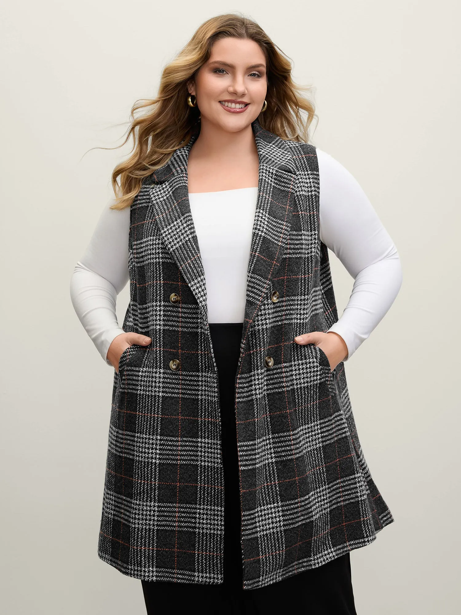 Textured Plaid Pattern Pockets Long Vest sold by Bloomchic