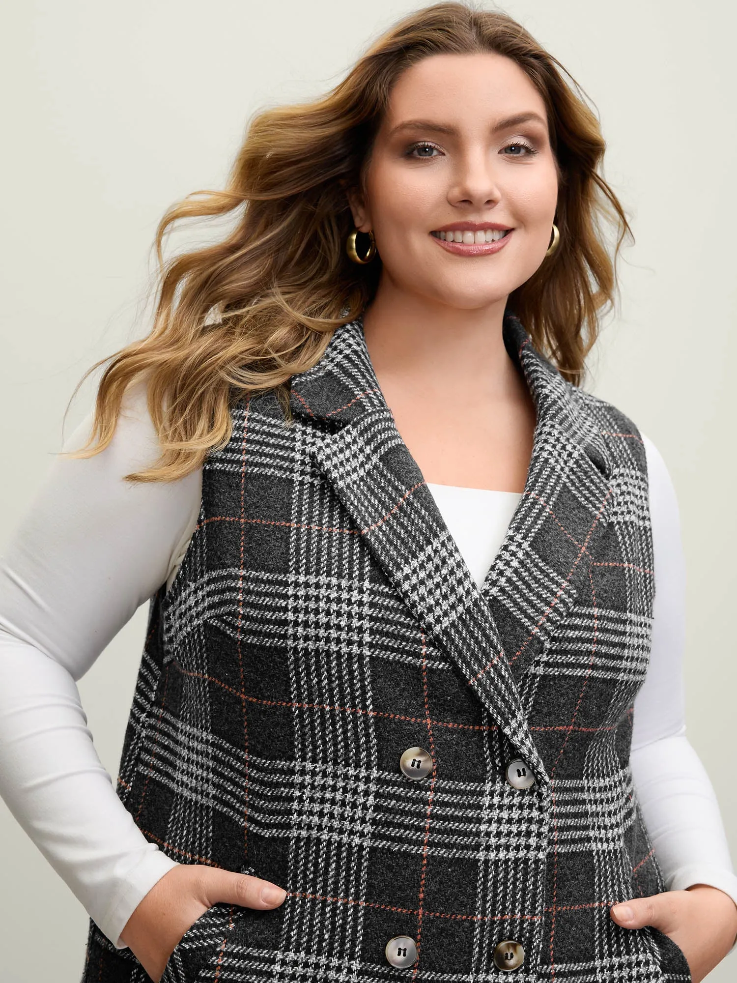 Textured Plaid Pattern Pockets Long Vest sold by Bloomchic product image thumbnail 2