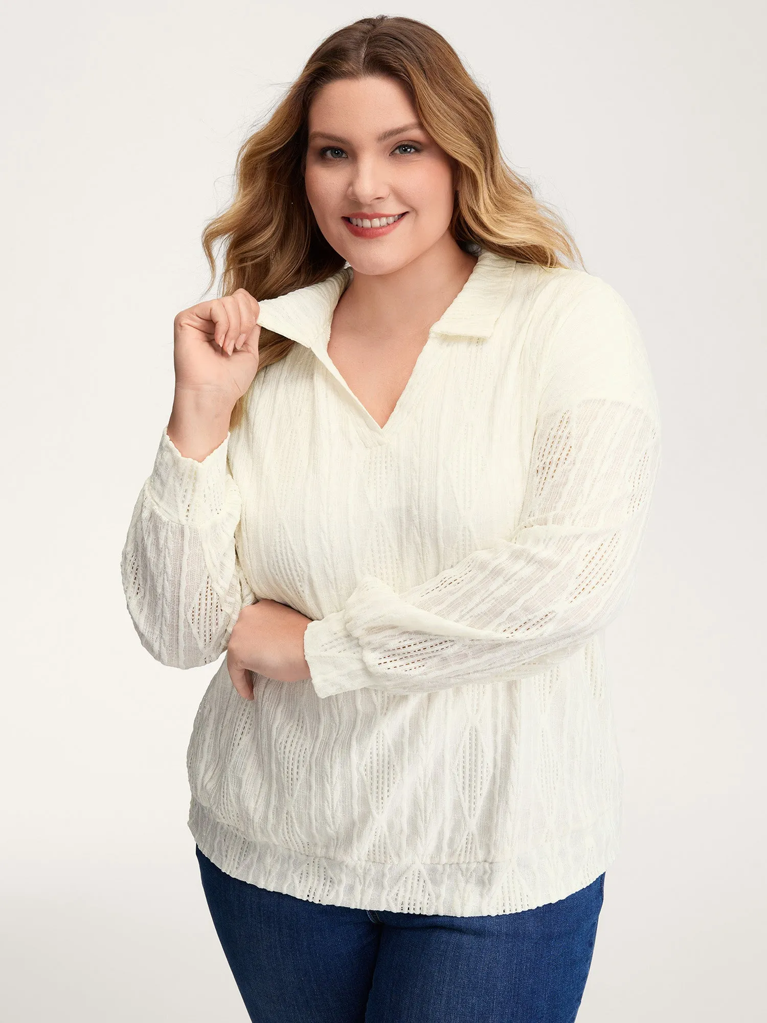 Textured Lapel Collar Stretchy Hem Sweatshirt sold by Bloomchic