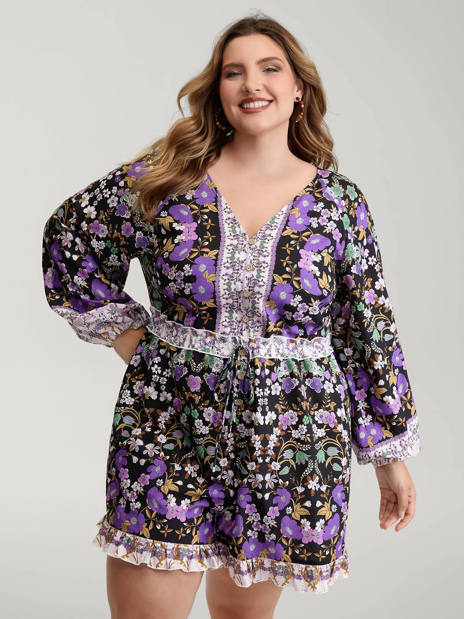 Floral Print Contrast Ruffled Trim Romper sold by Bloomchic