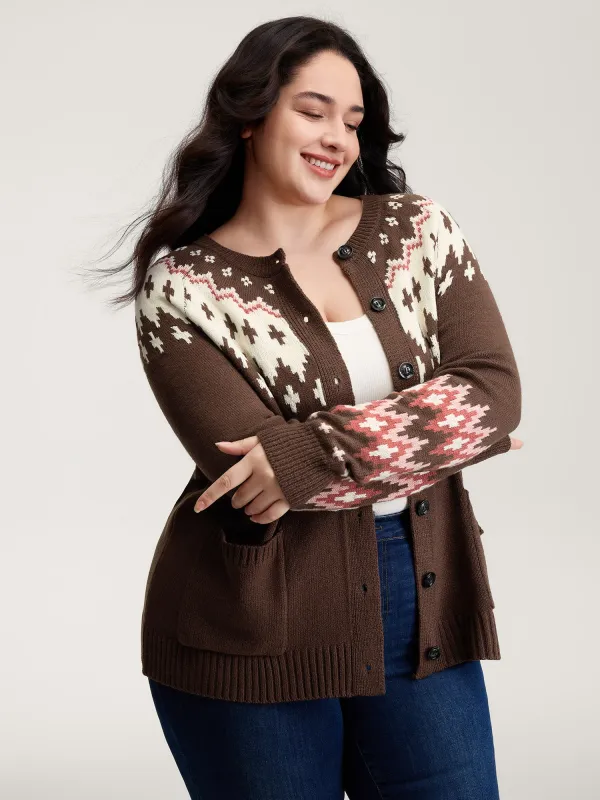 Fair-Isle Yoke Button Knit Cardigan sold by Bloomchic