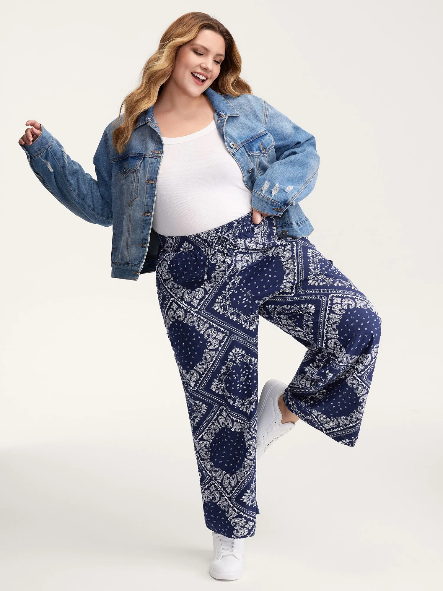 Collage Scarf Pattern Straight-Leg Pants sold by Bloomchic