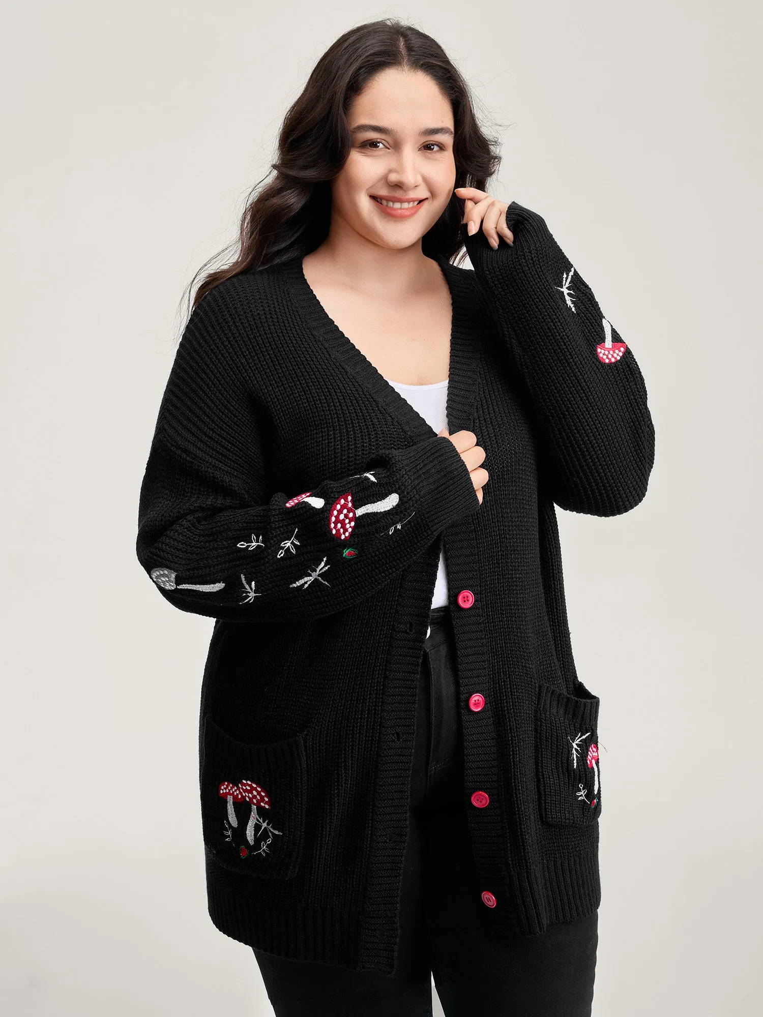 Mushroom Embroidery Textured Button Cardigan sold by Bloomchic