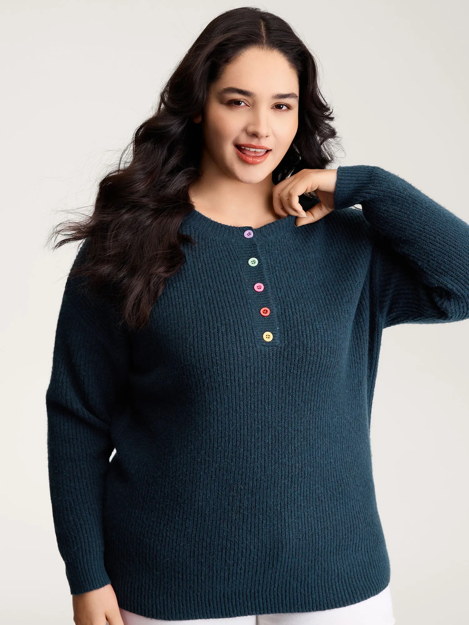 Supersoft Half-Button Placket Textured Solid Pullover sold by Bloomchic product image thumbnail 2