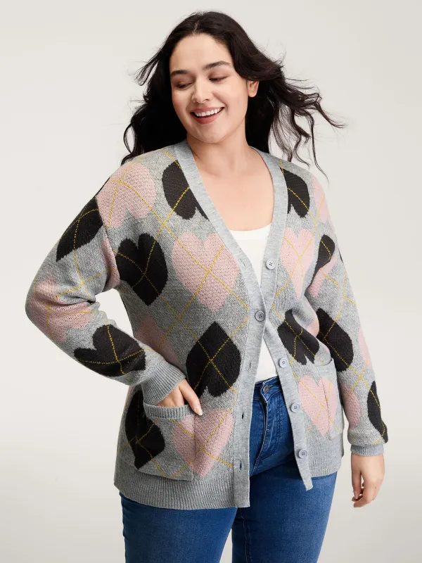 Cozy Hearts Jacquard Pattern Pockets Knit Cardigan sold by Bloomchic
