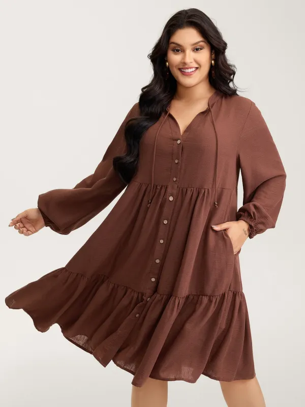 Drawstring Neck Tiered Balloon Sleeve Midi Dress sold by Bloomchic