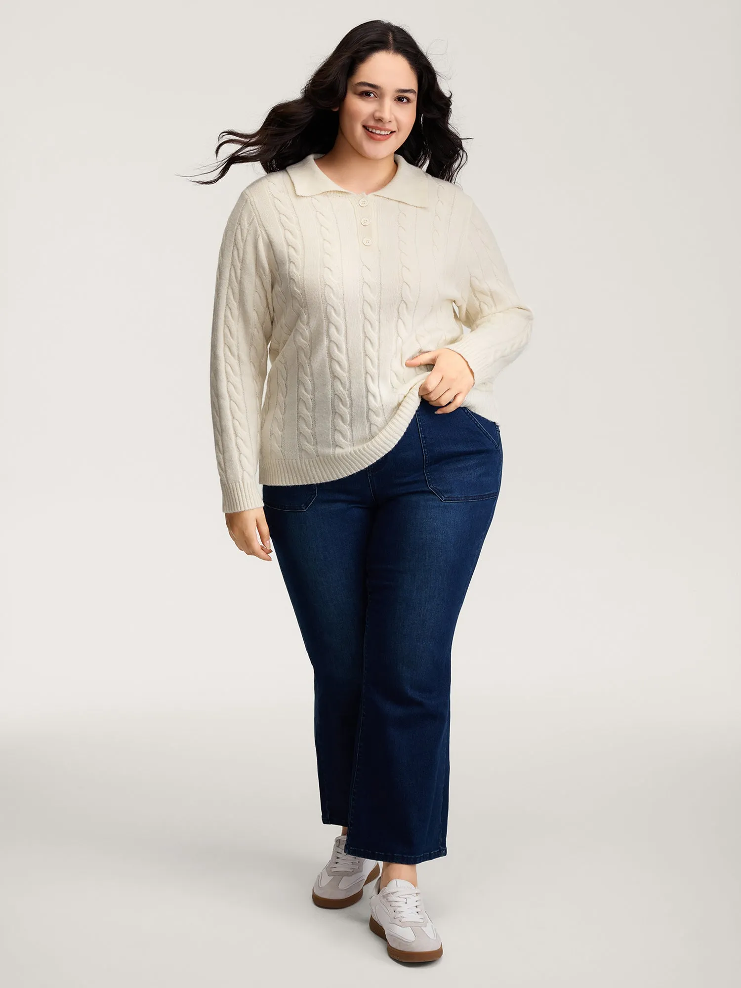 Supersoft Cable Knit Polo Collar Solid Pullover sold by Bloomchic product image thumbnail 3