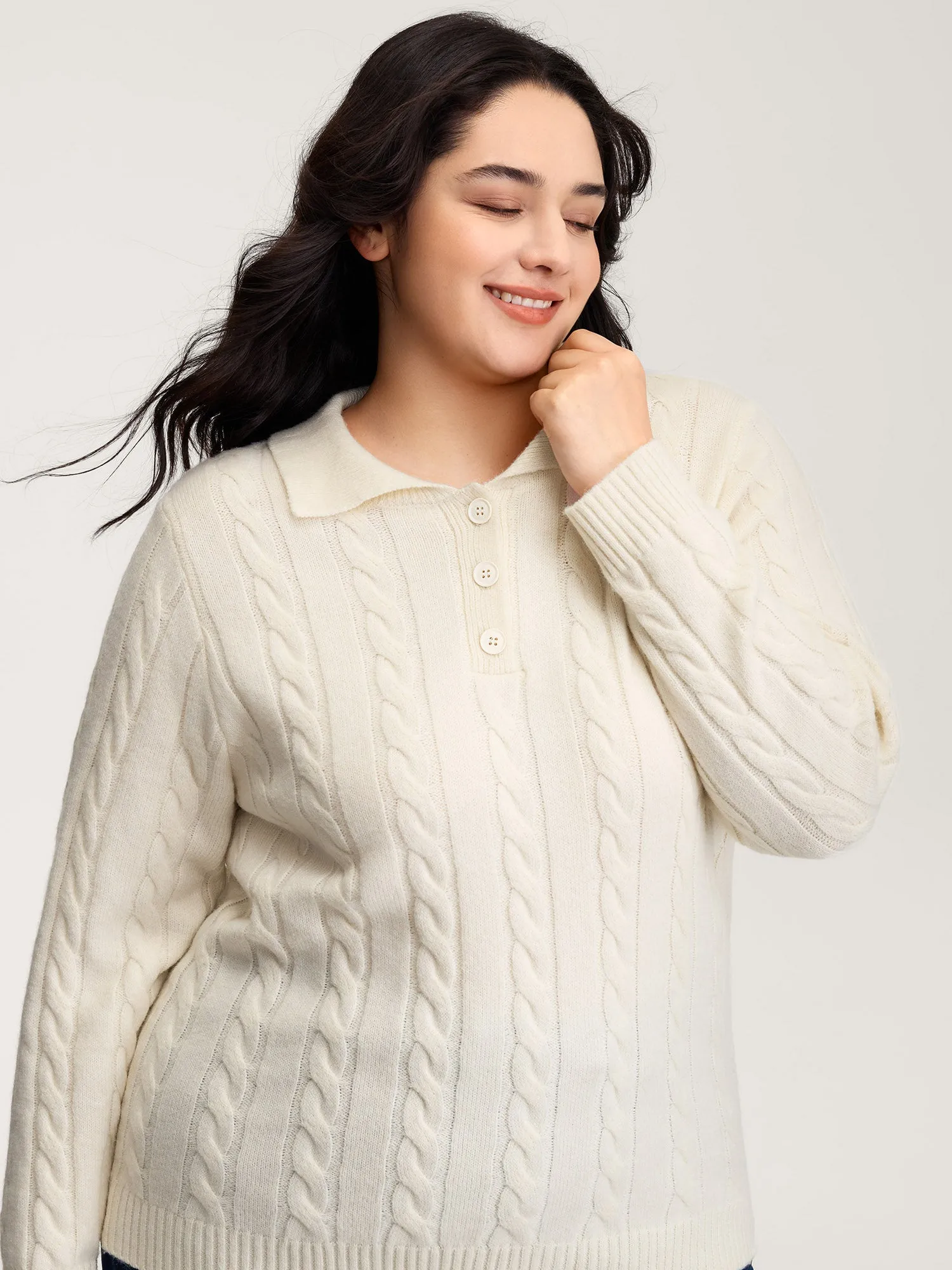 Supersoft Cable Knit Polo Collar Solid Pullover sold by Bloomchic product image thumbnail 2