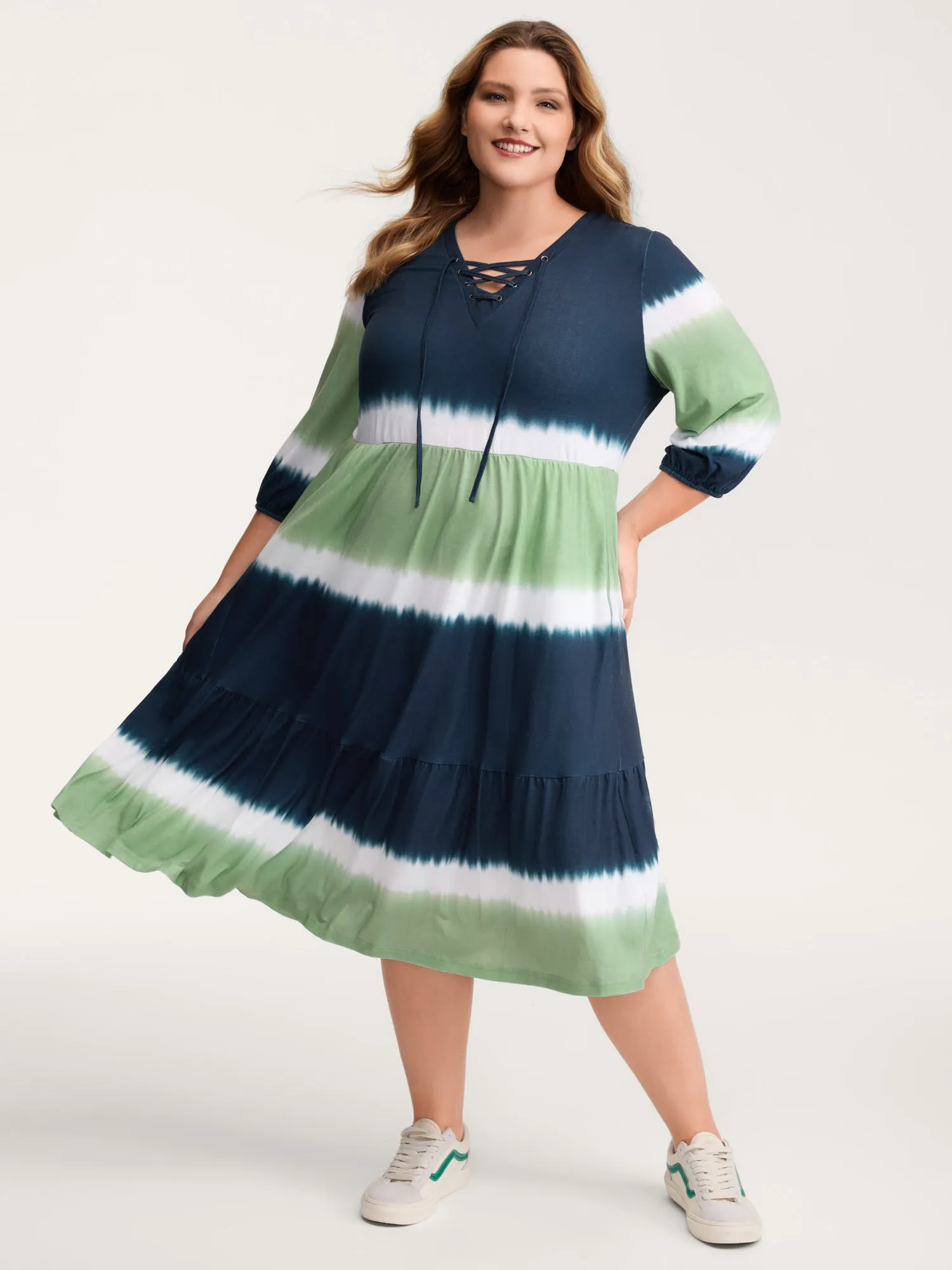 Cross-Tie Neckline Color Gradient Midi Dress sold by Bloomchic