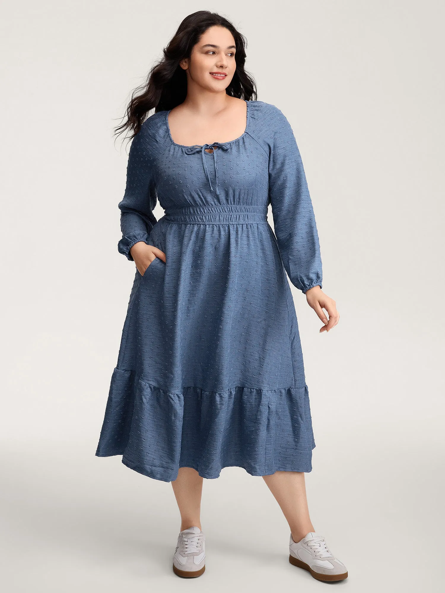 Textured Shirred Waist Neck-Tie Maxi Dress sold by Bloomchic product image thumbnail 3