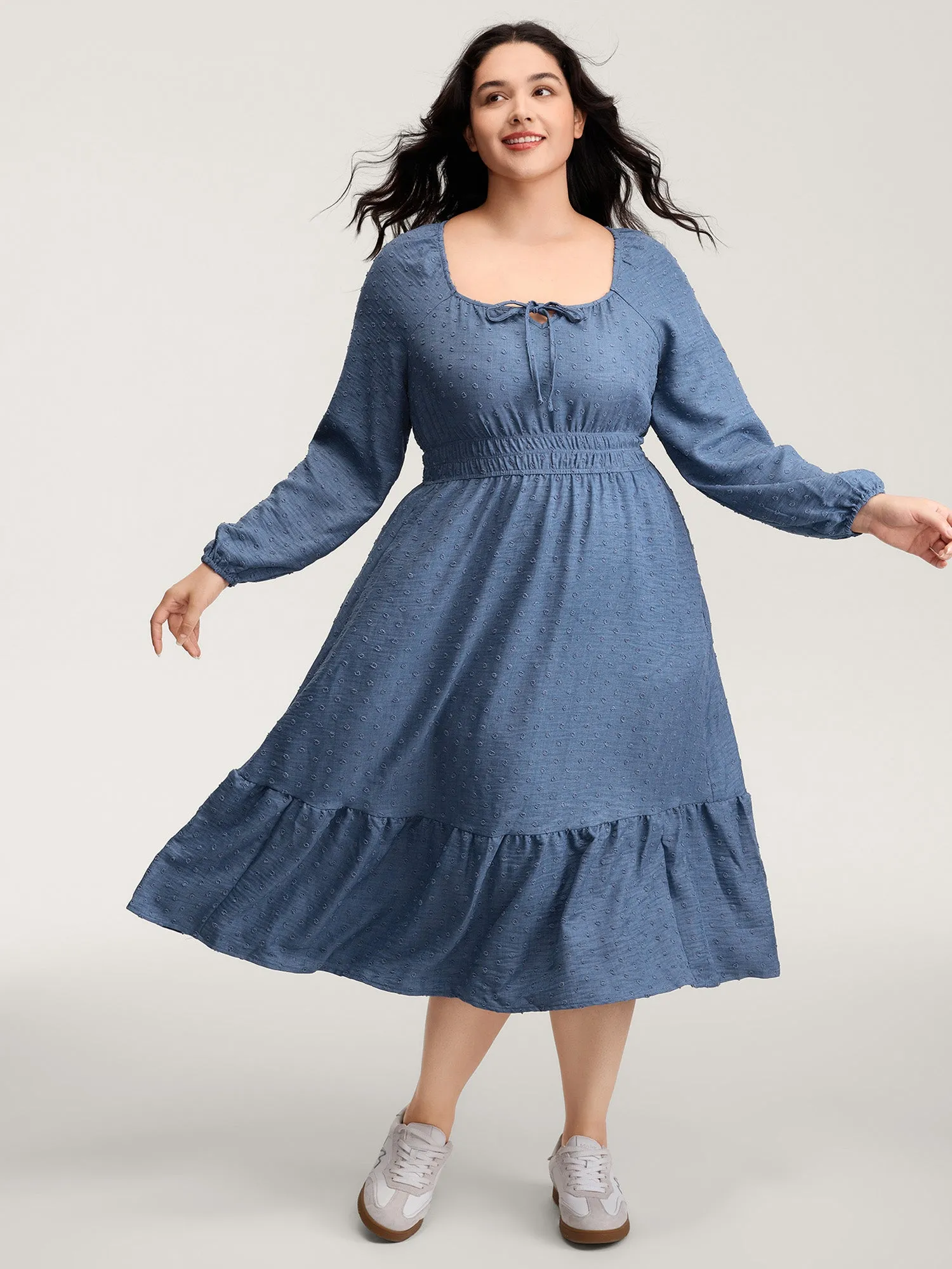 Textured Shirred Waist Neck-Tie Maxi Dress sold by Bloomchic