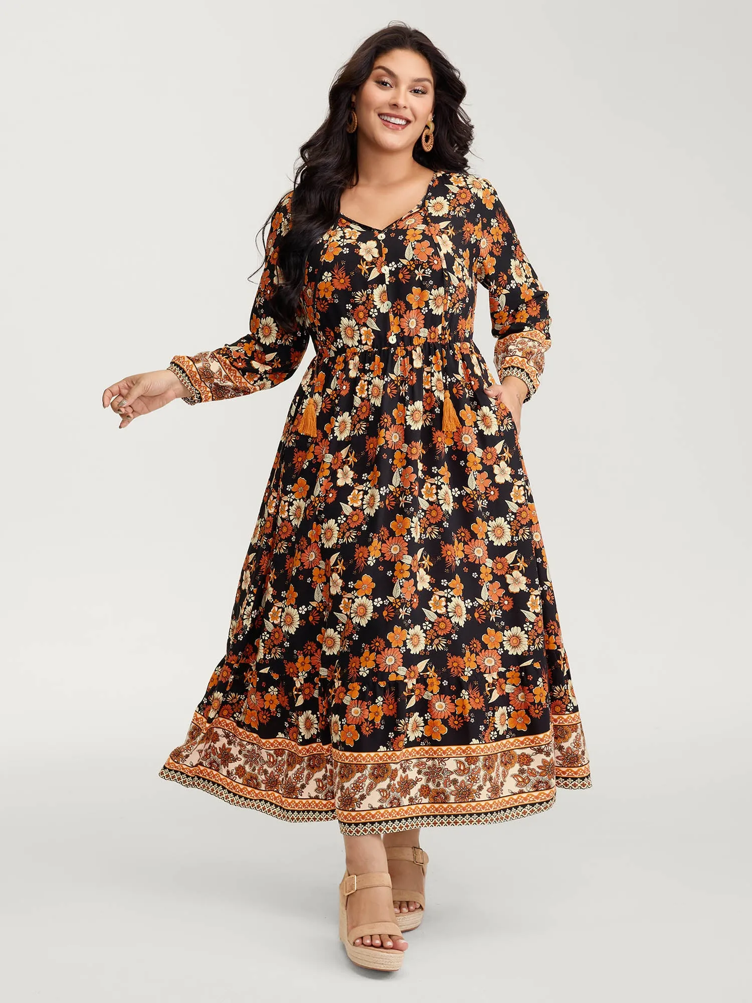 Floral Stretchy Waist Neck-Tie Maxi Dress sold by Bloomchic