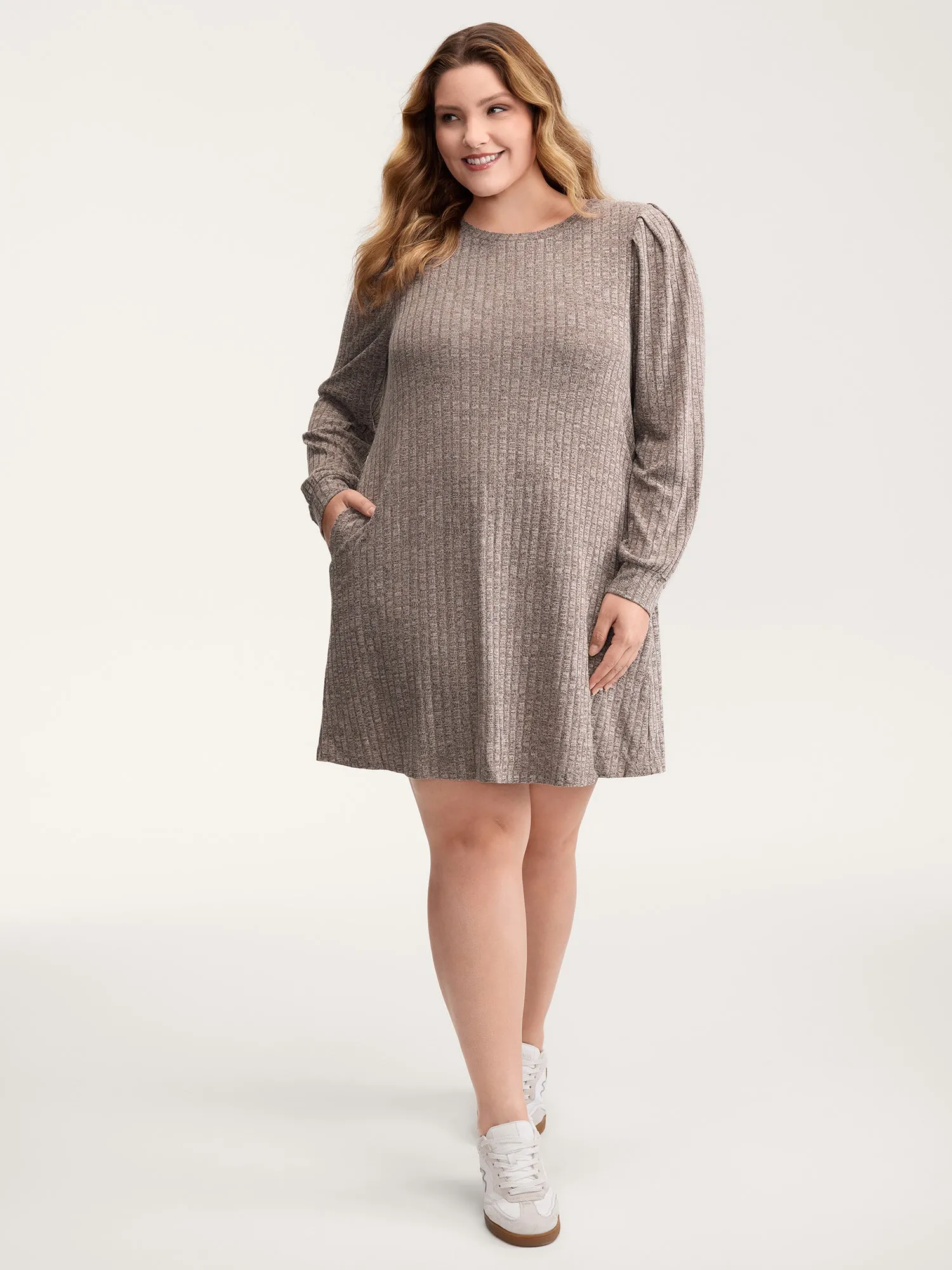 Ribbed Puffy Sleeve Knee-Length Sweater Dress sold by Bloomchic product image thumbnail 3