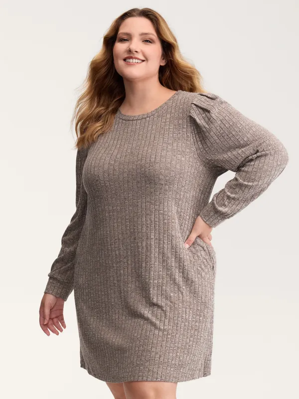 Ribbed Puffy Sleeve Knee-Length Sweater Dress sold by Bloomchic