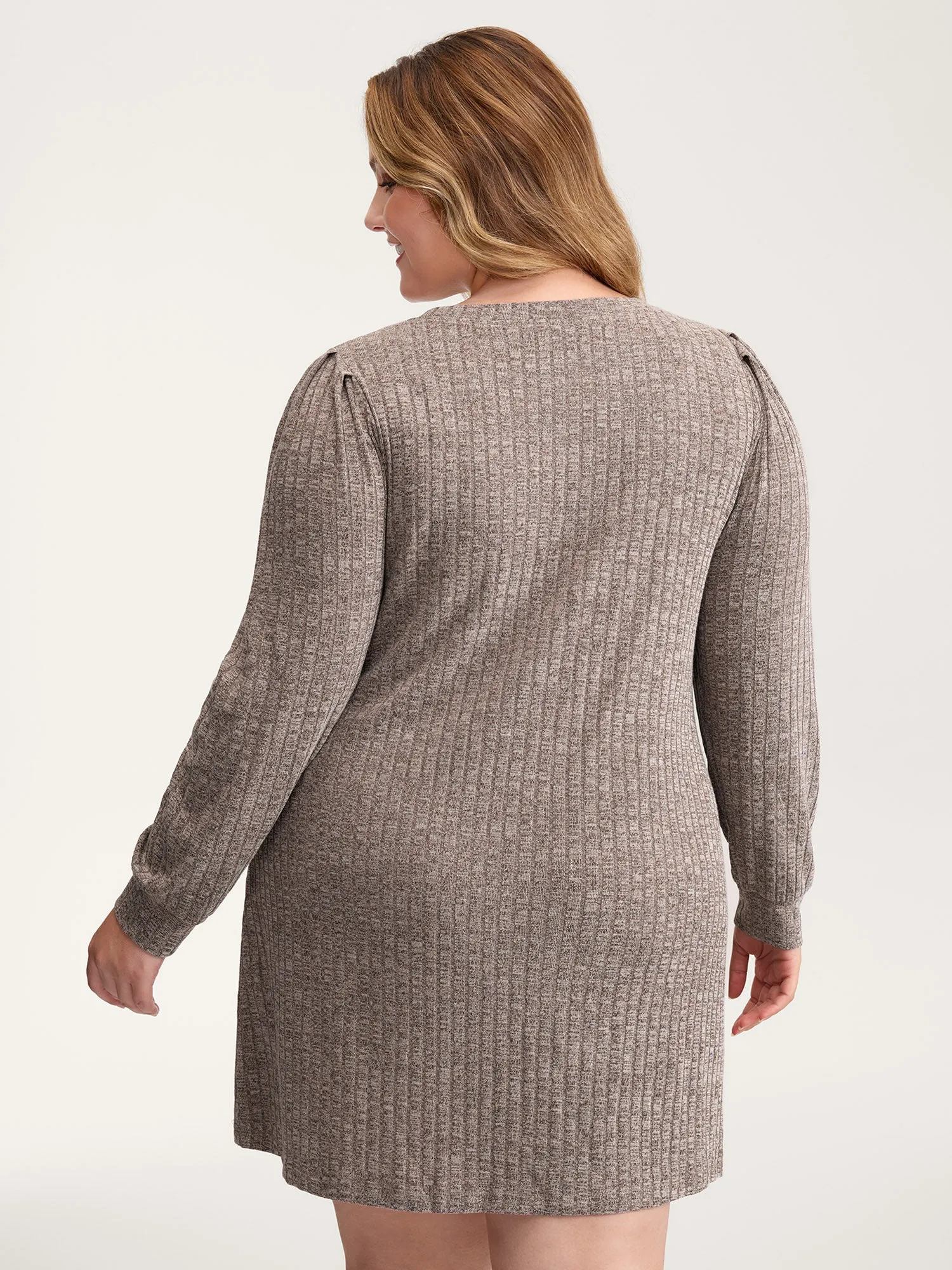 Ribbed Puffy Sleeve Knee-Length Sweater Dress sold by Bloomchic product image thumbnail 4