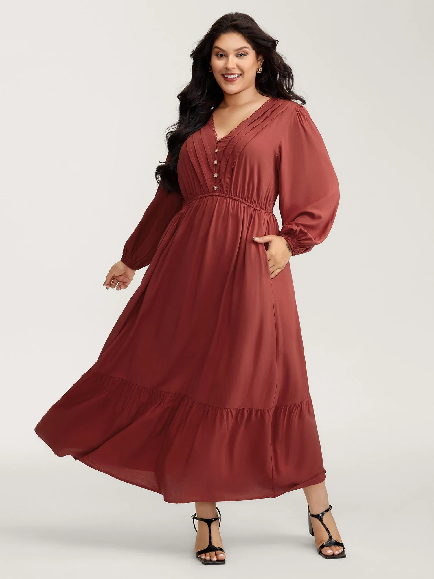 Pleated V-Neckline Tiered Maxi Dress sold by Bloomchic