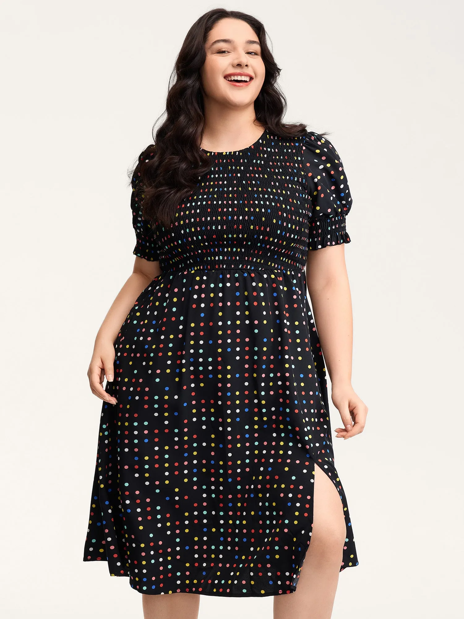 Colorful Polka Dots Shirred Bodice Midi Dress sold by Bloomchic