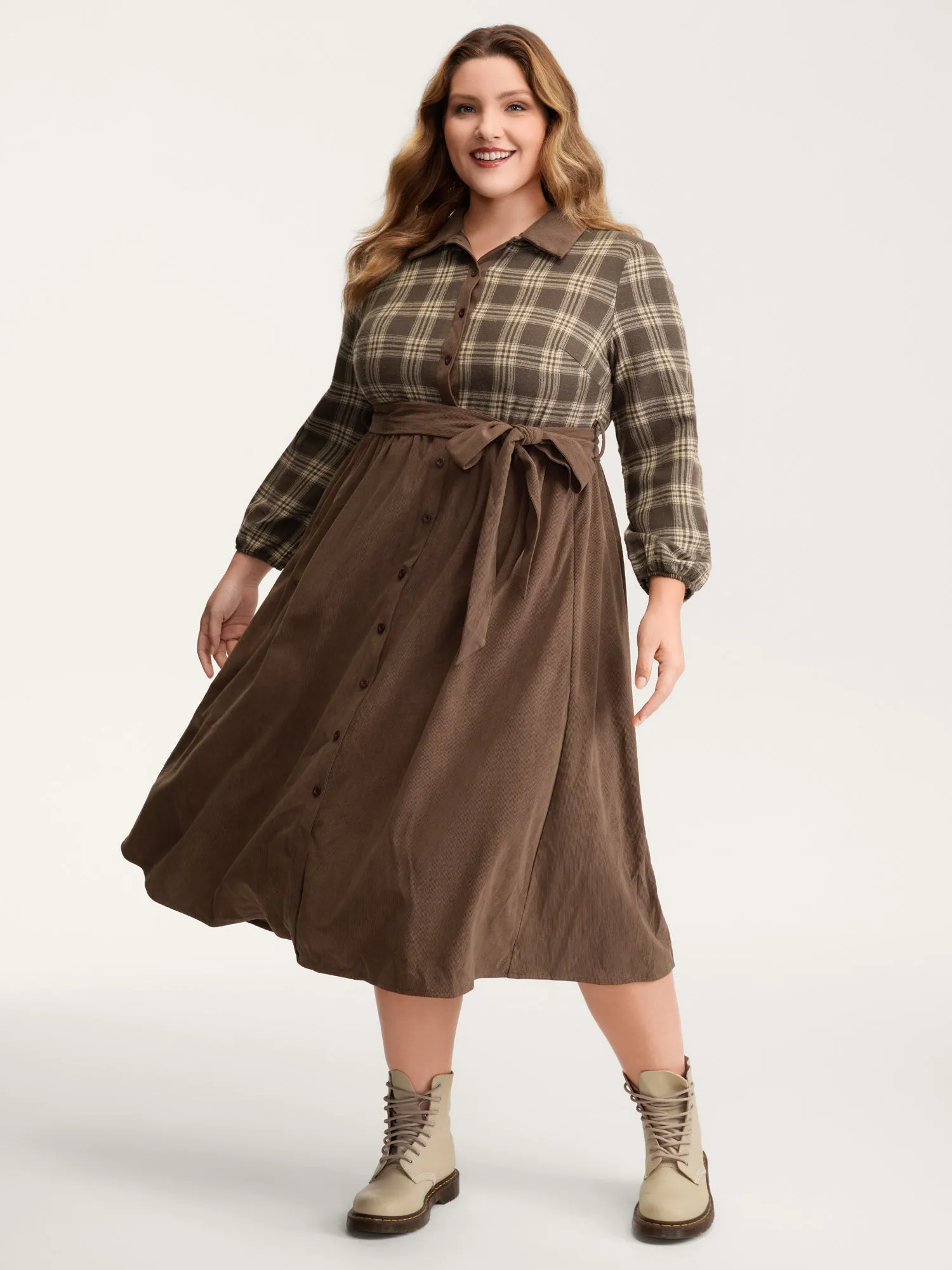 Plaid Pattern Contrast Waist-Tie Midi Dress sold by Bloomchic