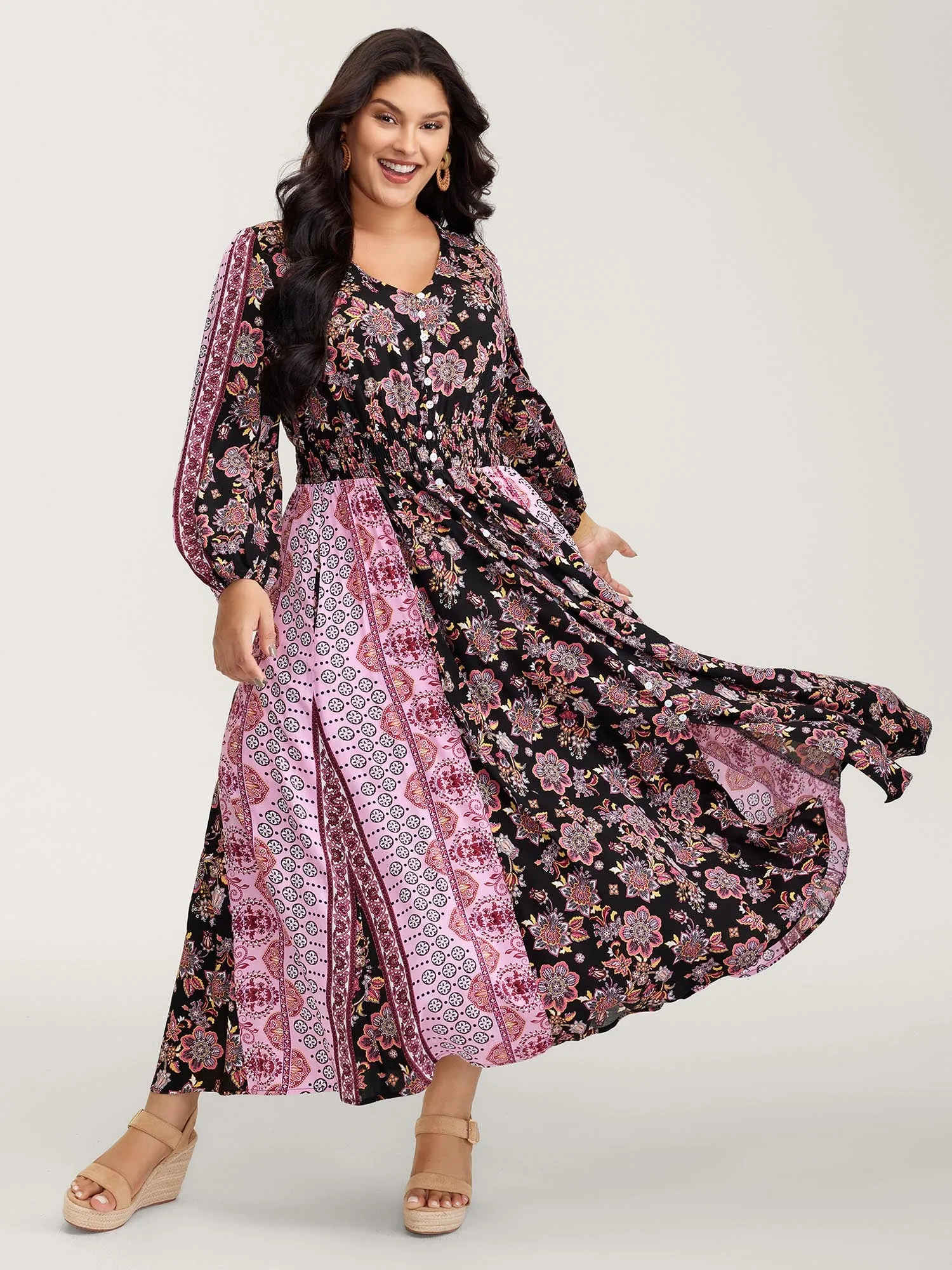 Floral Print Contrast Stripe Button Maxi Dress sold by Bloomchic