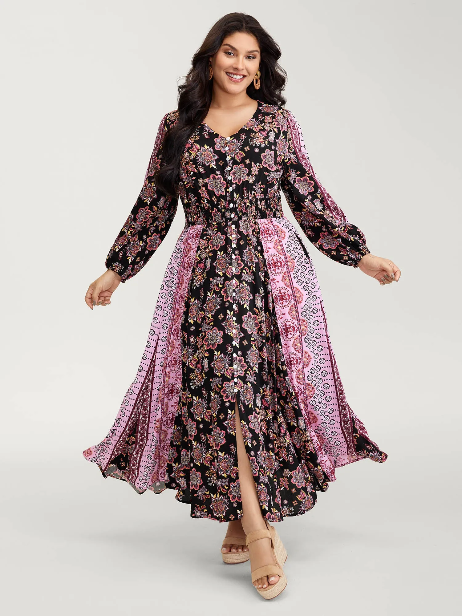 Floral Print Contrast Stripe Button Maxi Dress sold by Bloomchic product image thumbnail 3