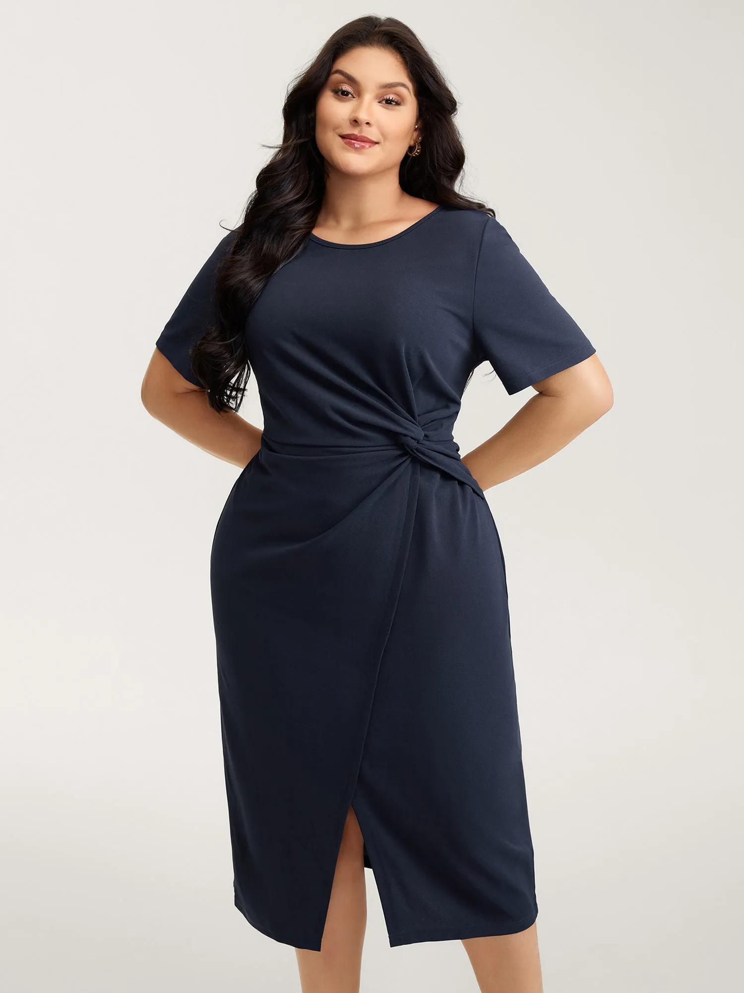Half-Sleeve Split Front Sheath Midi Dress sold by Bloomchic