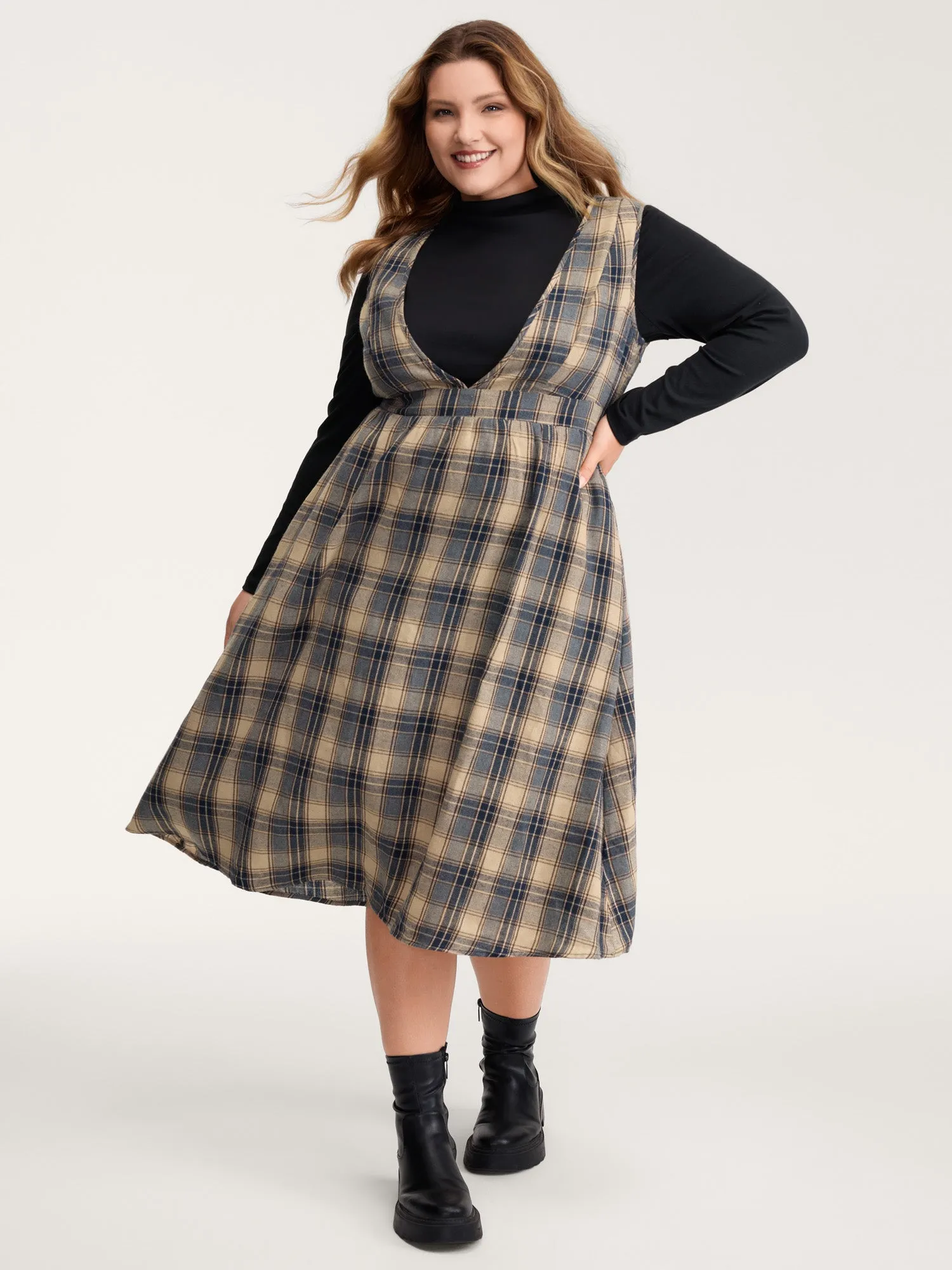 Plaid Pattern Deep V-Neckline Midi Dress sold by Bloomchic