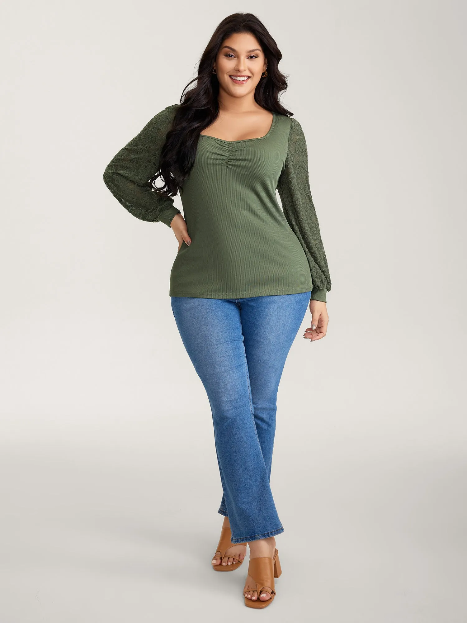 Ruched Deep-Neckline Solid Knit Top sold by Bloomchic product image thumbnail 3