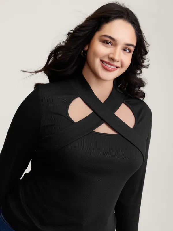 Crossover Cut-Out Neckline Fitted Top sold by Bloomchic