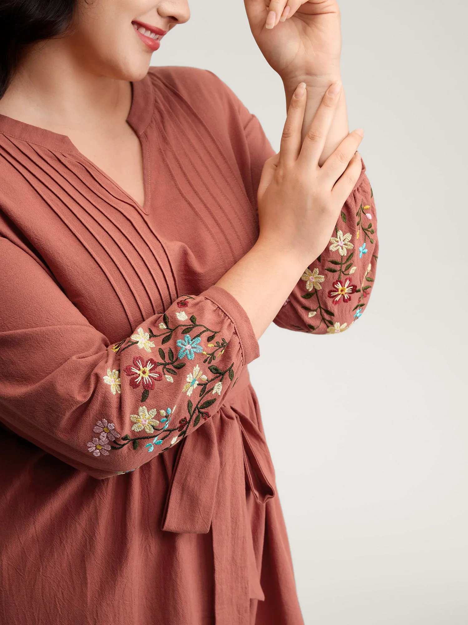 Cotton Embroidered Sleeve Waist-Tie Midi Dress sold by Bloomchic product image thumbnail 2