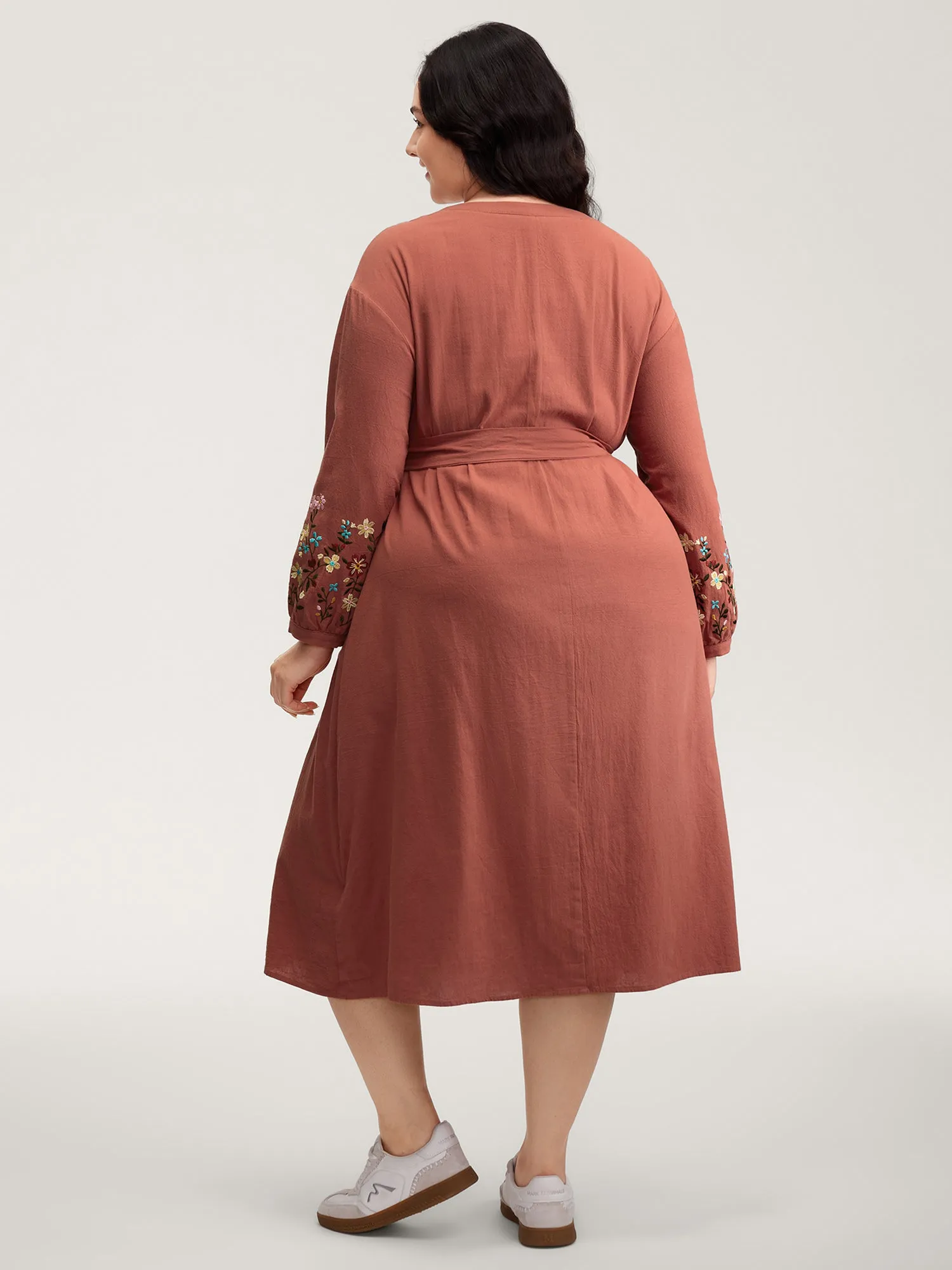 Cotton Embroidered Sleeve Waist-Tie Midi Dress sold by Bloomchic product image thumbnail 4