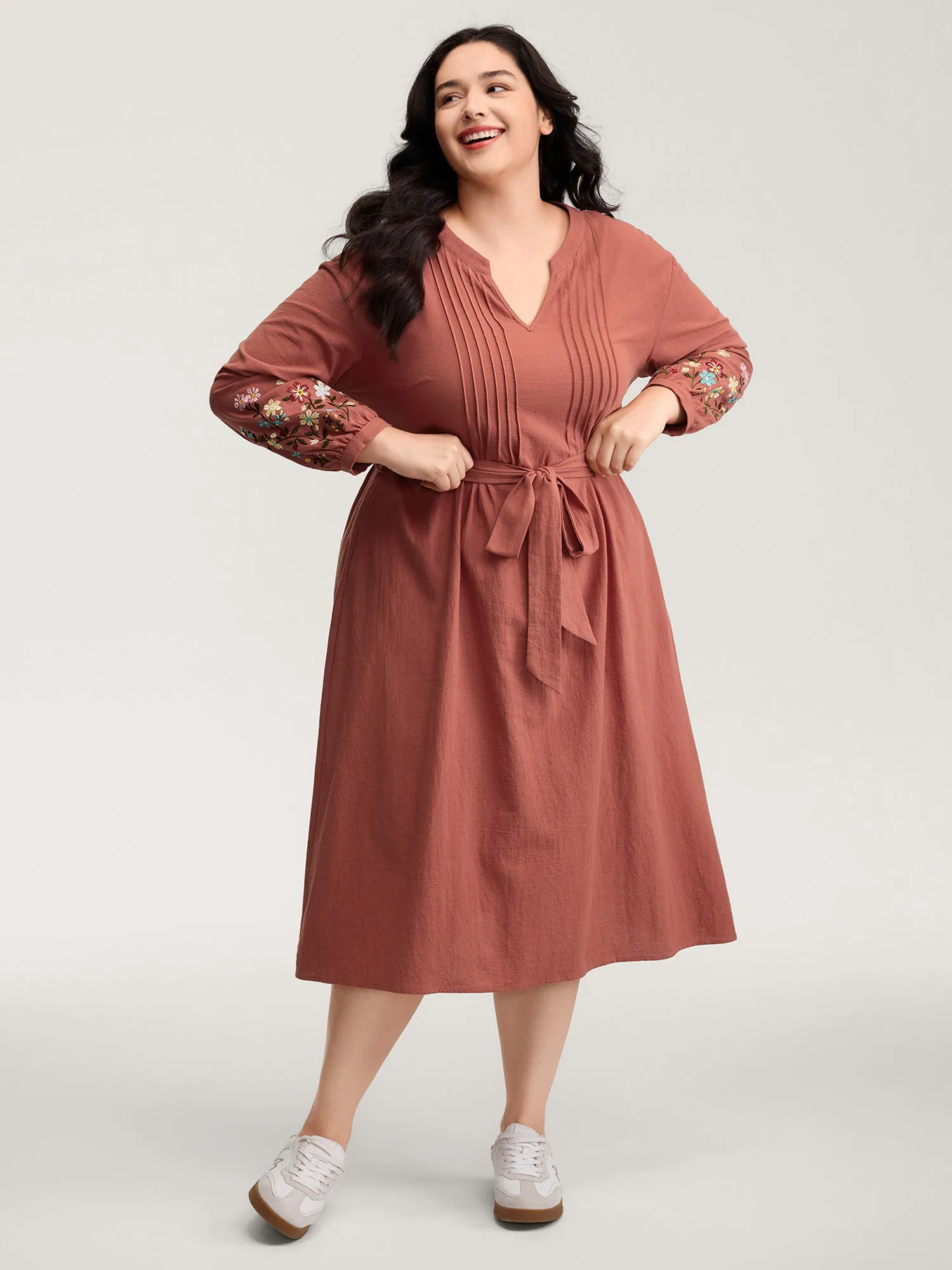 Cotton Embroidered Sleeve Waist-Tie Midi Dress sold by Bloomchic product image thumbnail 3
