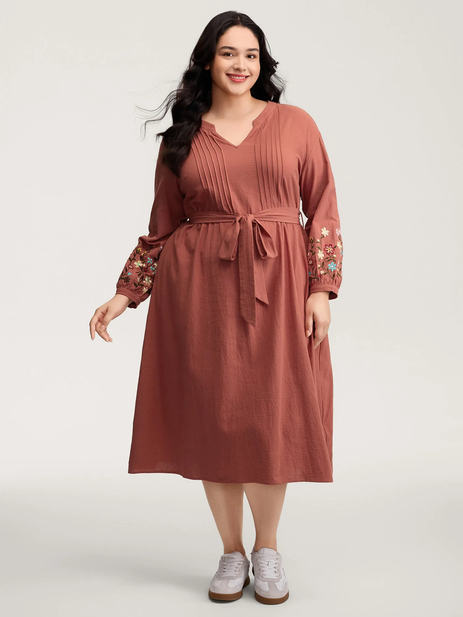 Cotton Embroidered Sleeve Waist-Tie Midi Dress sold by Bloomchic