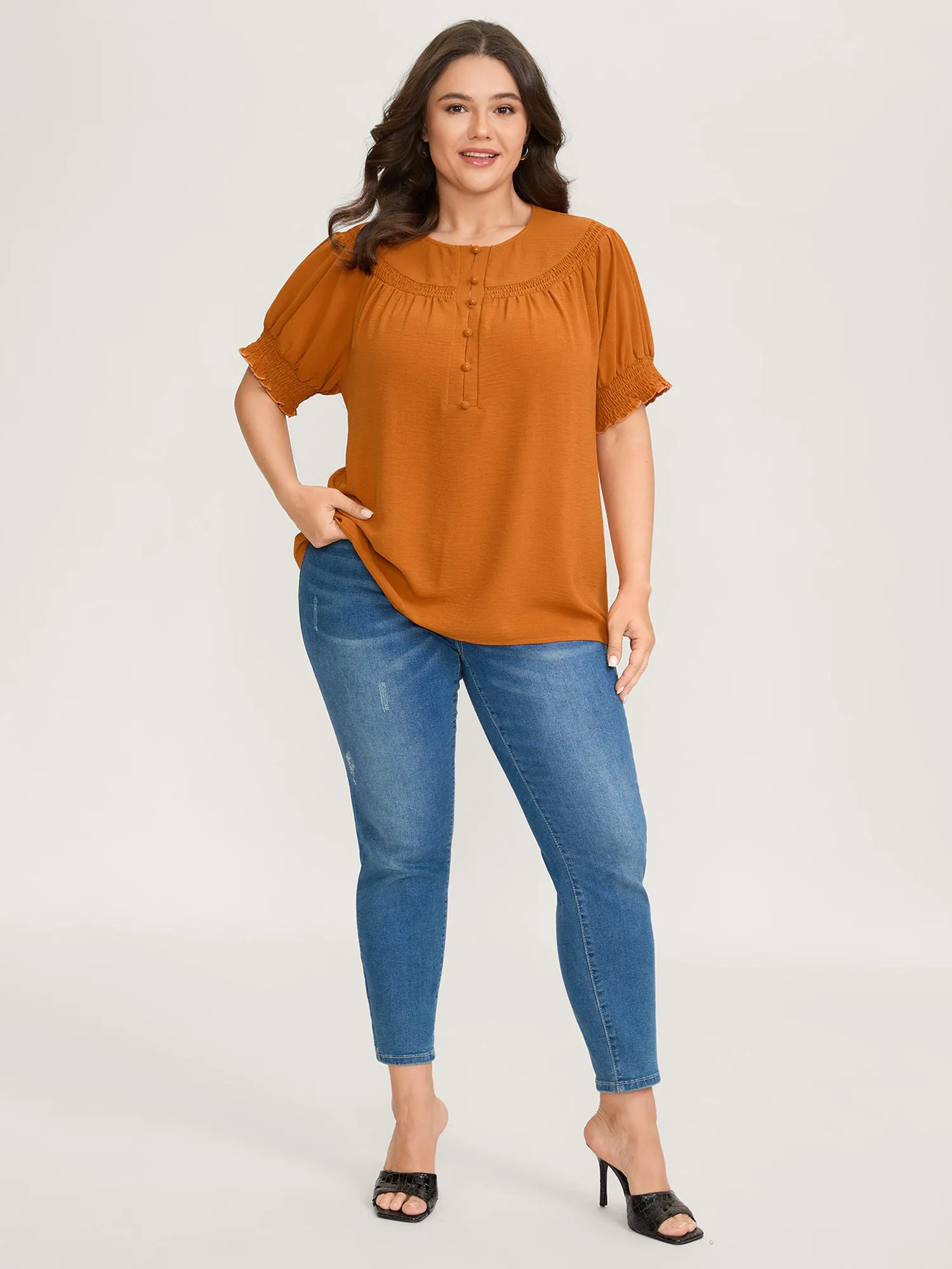 Shirred Cuff Sleeve Button Detail Blouse sold by Bloomchic product image thumbnail 3