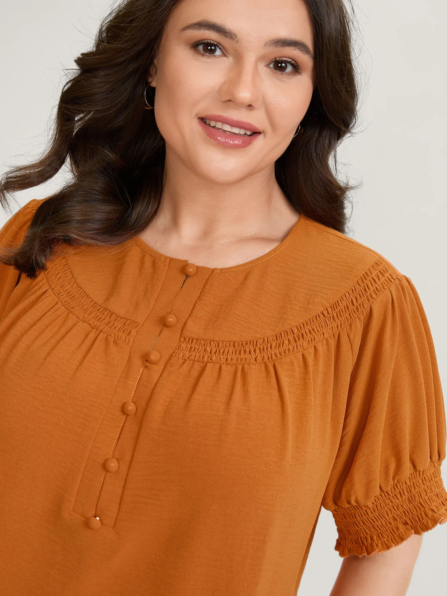 Shirred Cuff Sleeve Button Detail Blouse sold by Bloomchic