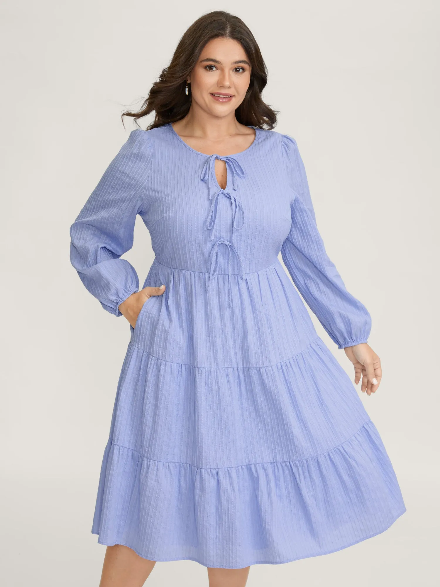 Cotton Textured Bow-Tie Detail Tiered Midi Dress sold by Bloomchic