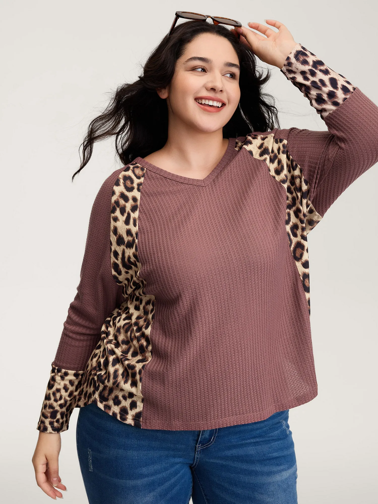 Leopard Contrast Textured V-Neck T-Shirt sold by Bloomchic