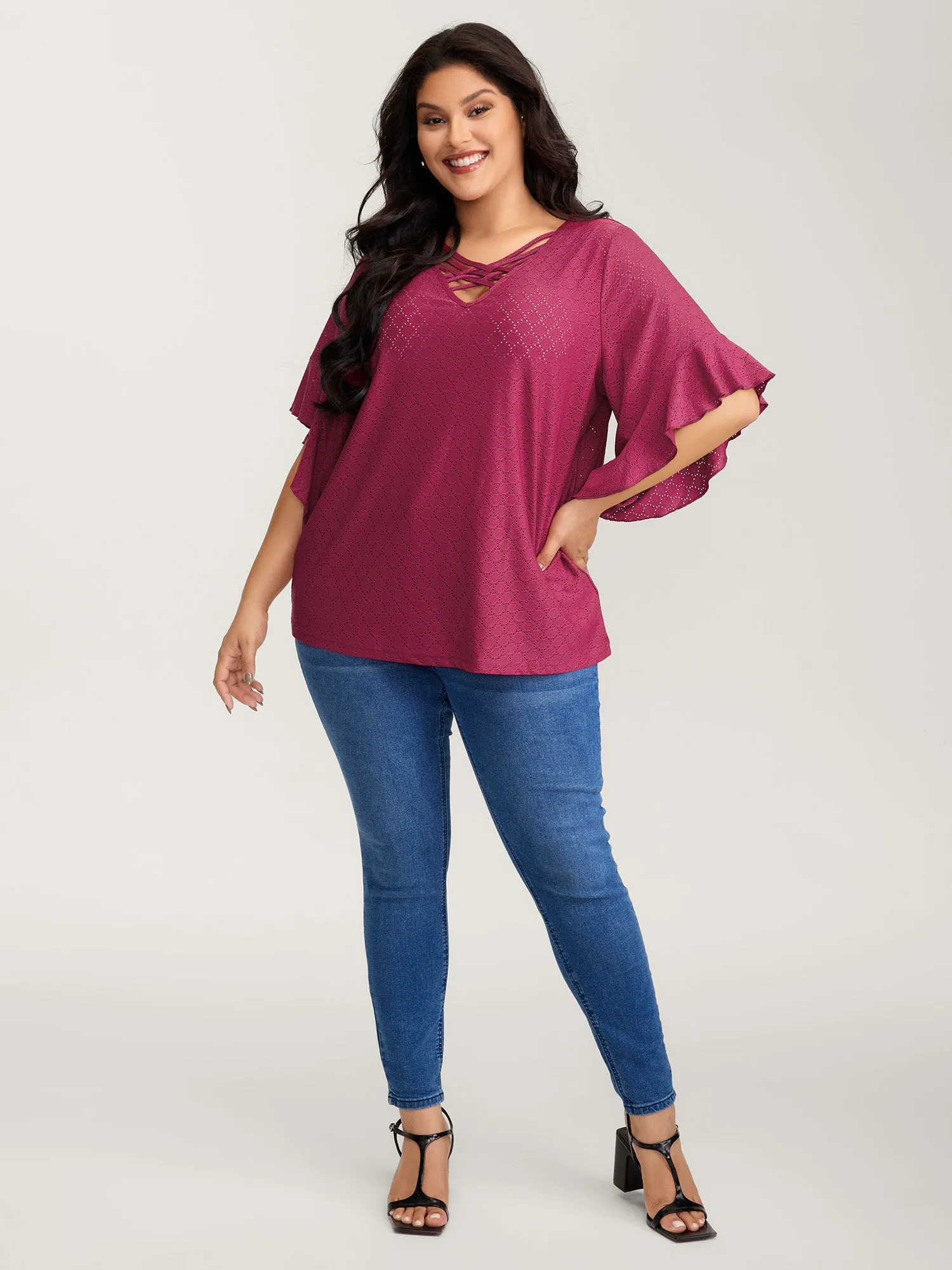 Ruffled Sleeve Textured Cut-Out Neck T-Shirt sold by Bloomchic product image thumbnail 3