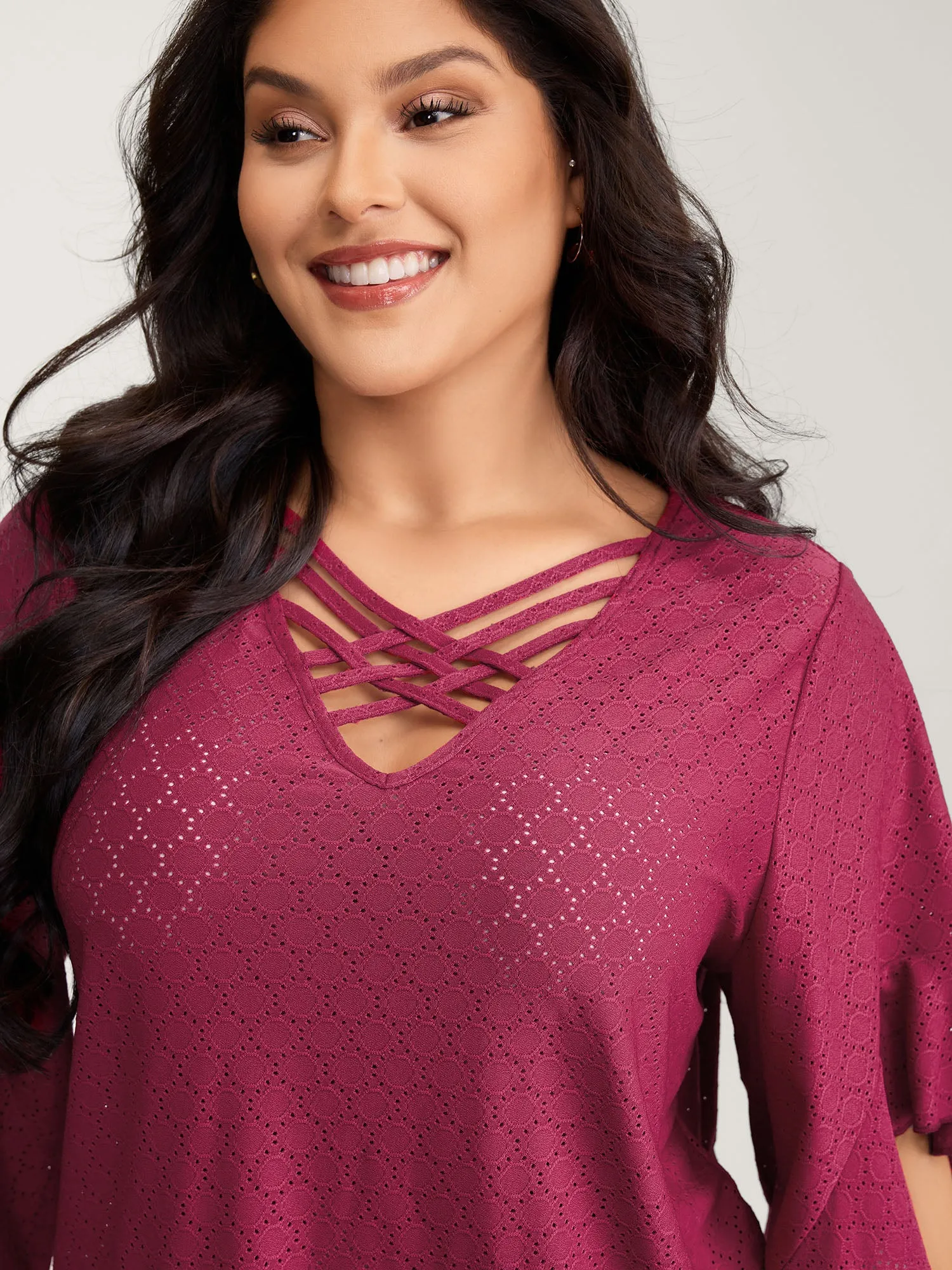 Ruffled Sleeve Textured Cut-Out Neck T-Shirt sold by Bloomchic product image thumbnail 2