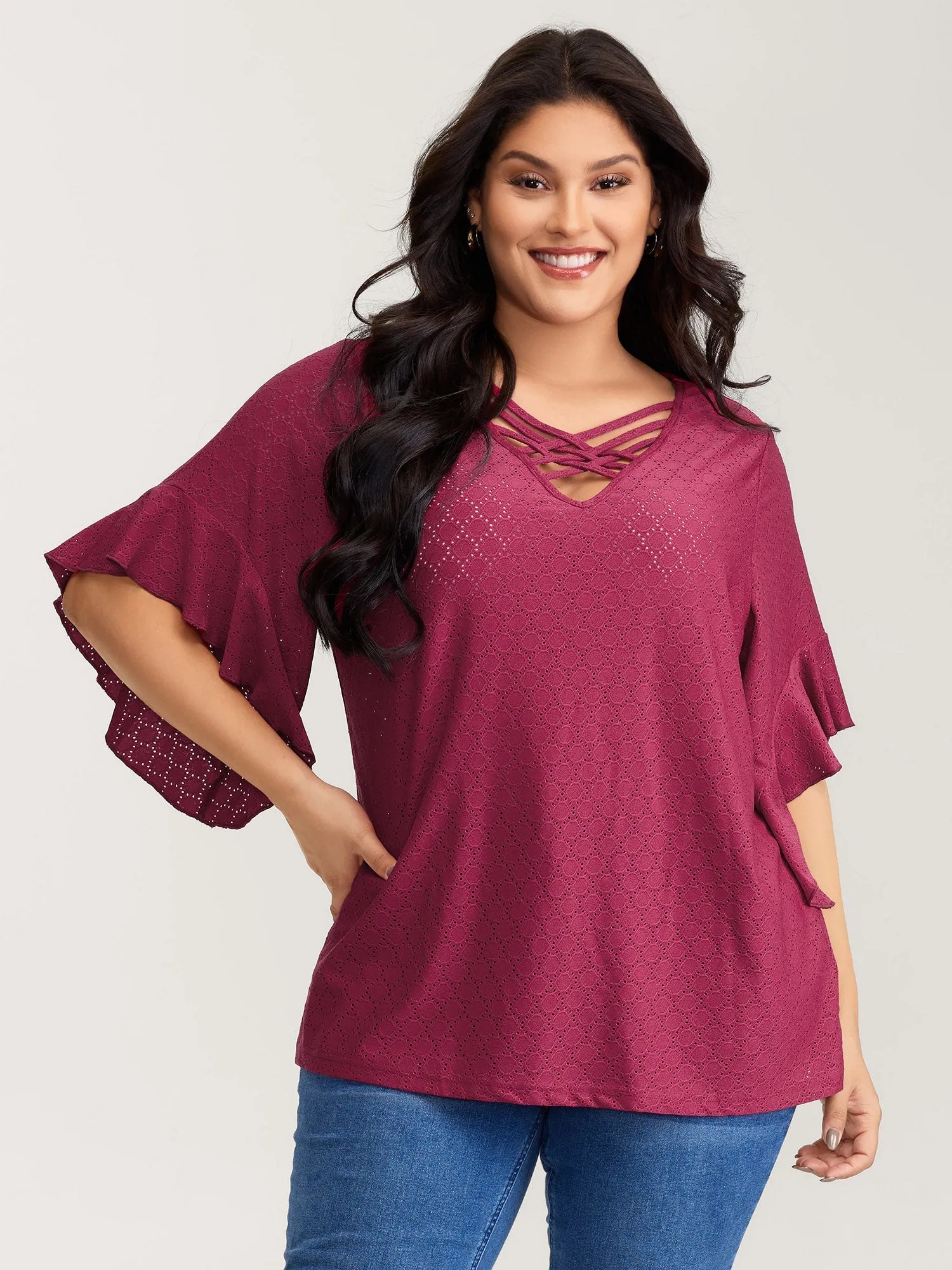 Ruffled Sleeve Textured Cut-Out Neck T-Shirt sold by Bloomchic