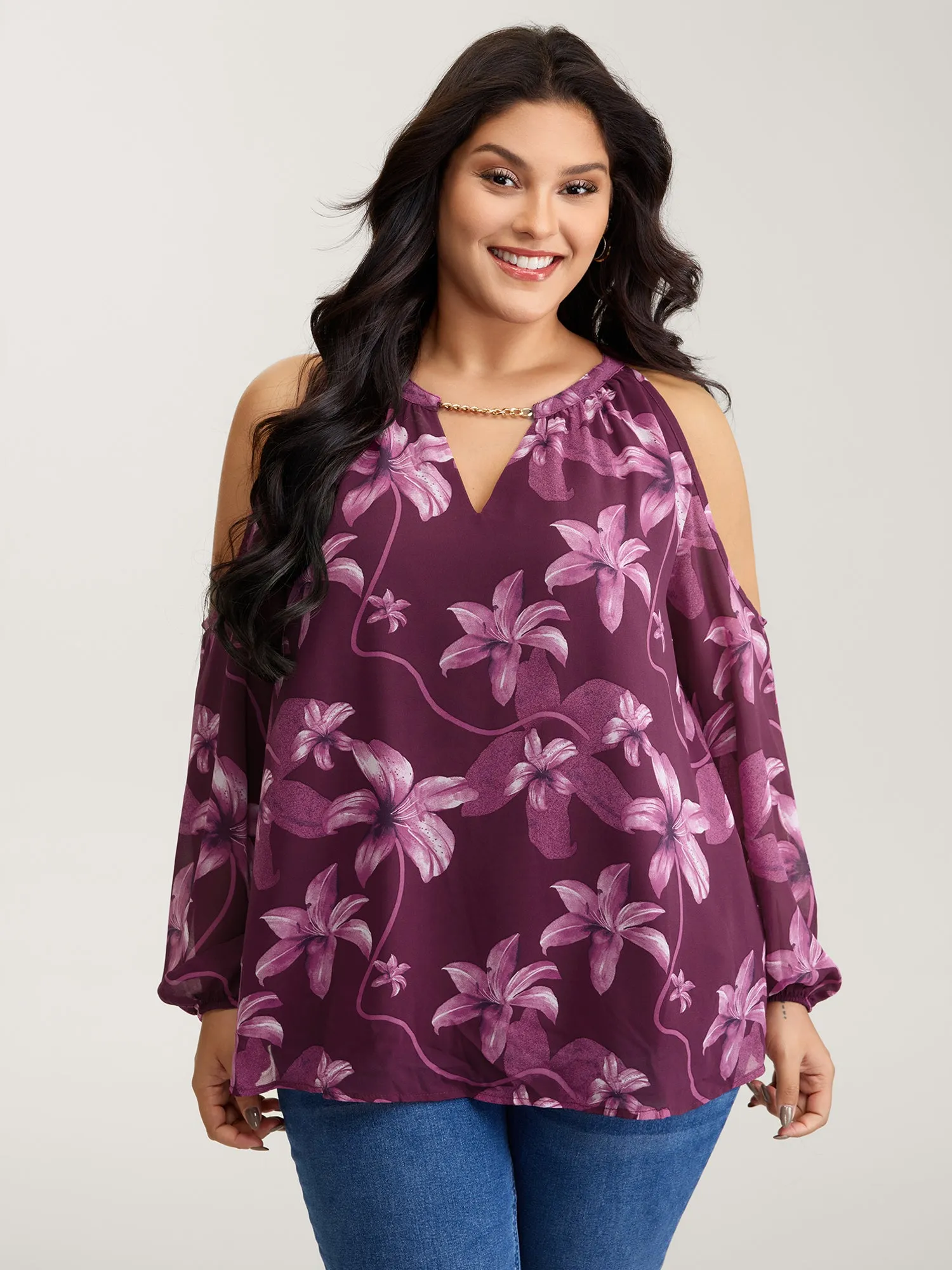 Off-Shoulder Floral Print Metal Detail Blouse sold by Bloomchic product image thumbnail 2