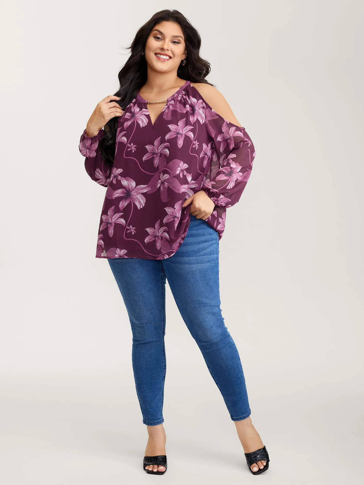 Off-Shoulder Floral Print Metal Detail Blouse sold by Bloomchic product image thumbnail 3