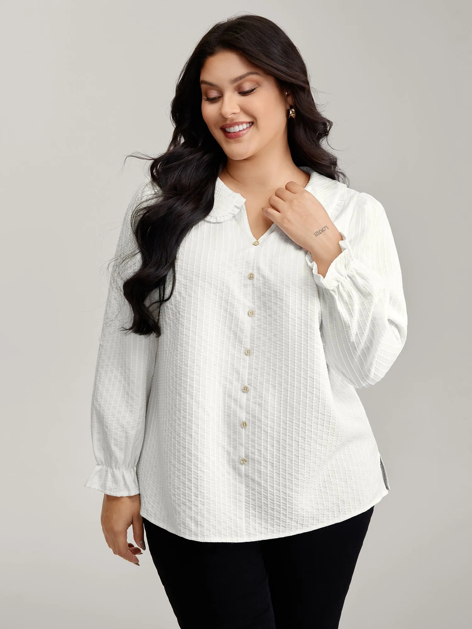 Textured Doll-Collar Button Detail Blouse sold by Bloomchic