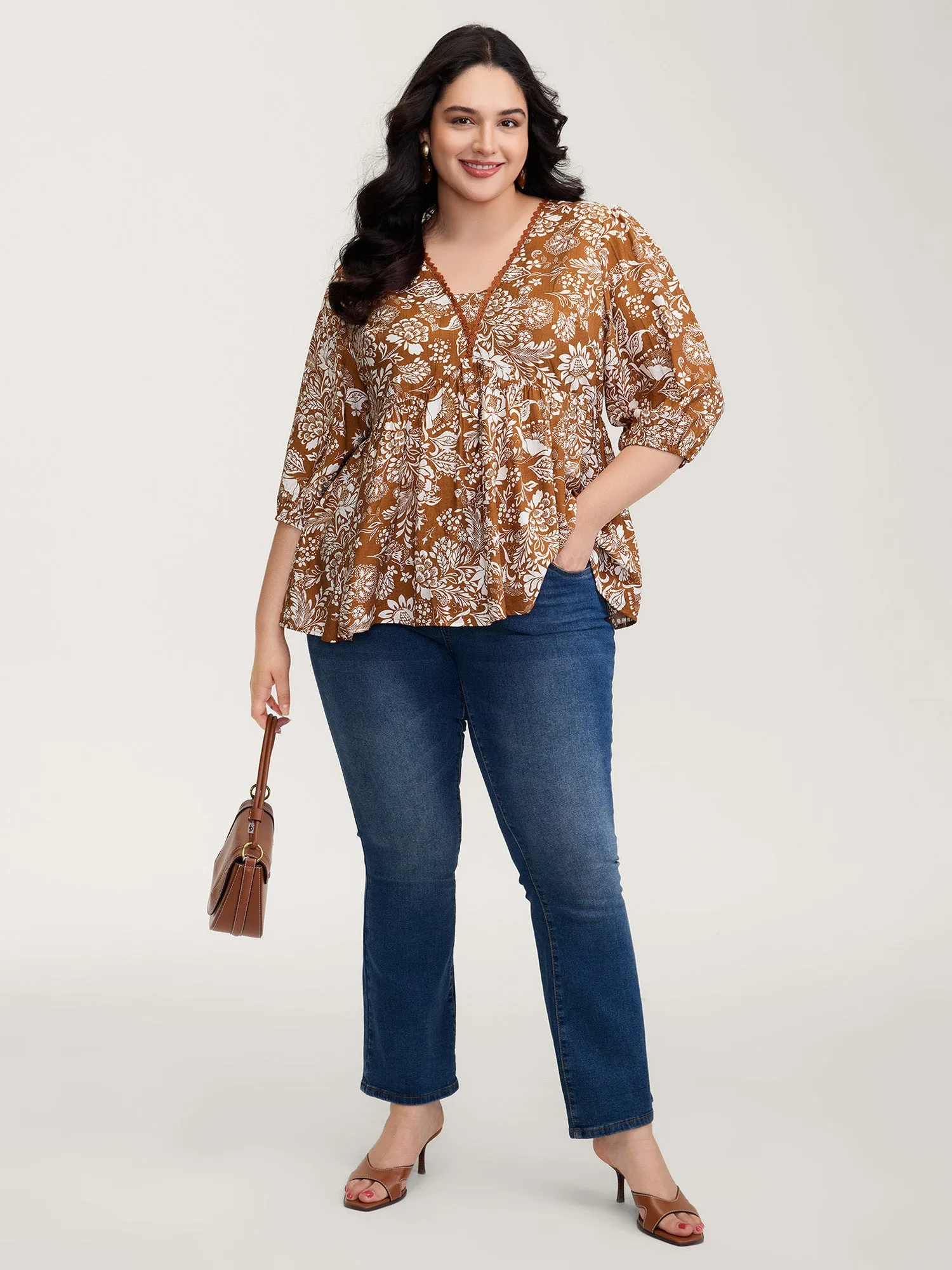 Floral Print Lace Neckline Pleated Blouse sold by Bloomchic product image thumbnail 3