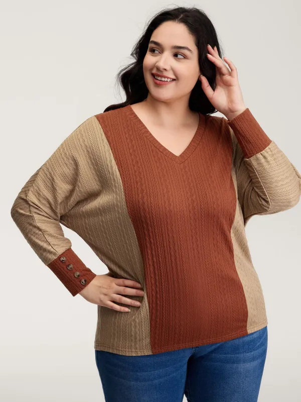 Colorblock Textured V-Neck T-Shirt sold by Bloomchic