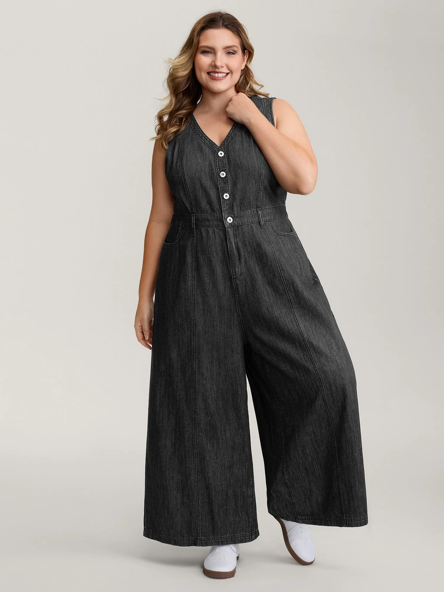 Button Placket Pockets Denim Jumpsuit sold by Bloomchic