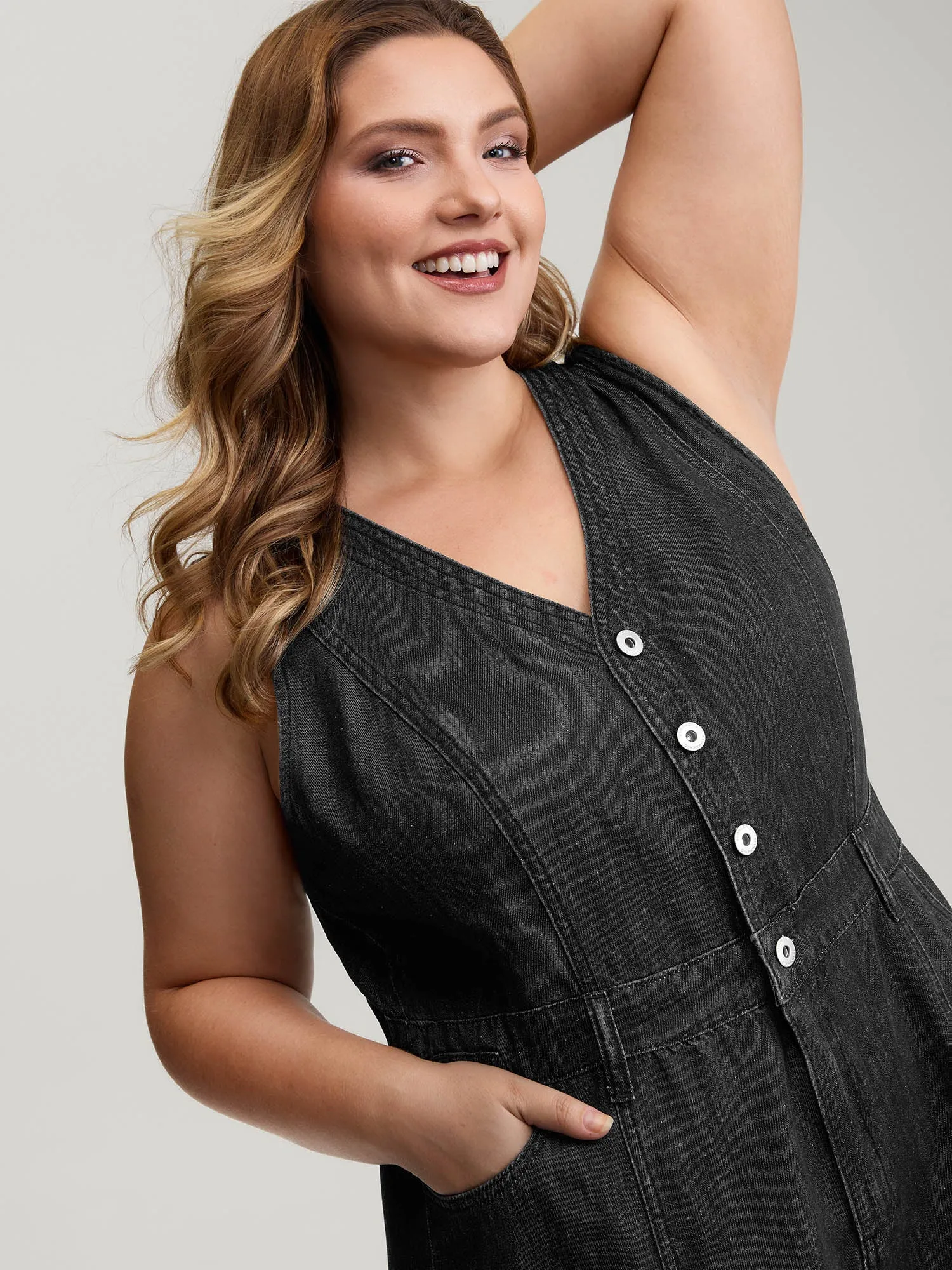 Button Placket Pockets Denim Jumpsuit sold by Bloomchic product image thumbnail 2