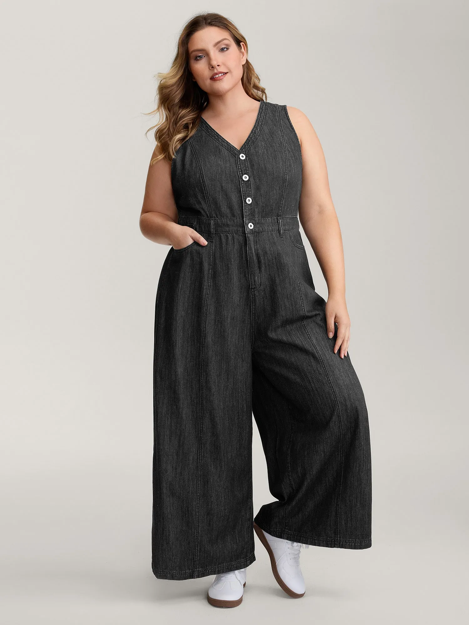 Button Placket Pockets Denim Jumpsuit sold by Bloomchic product image thumbnail 3