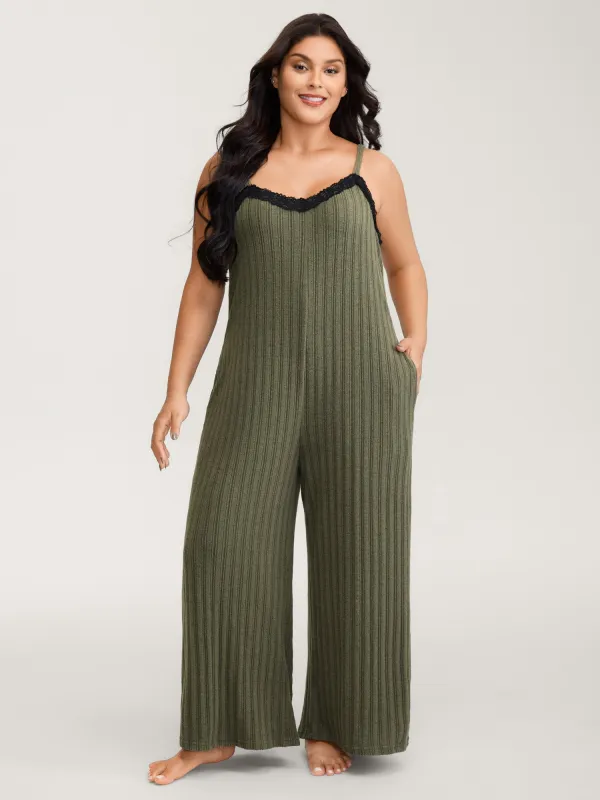 Ribbed Texture Lace Adjustable Lounge Jumpsuit sold by Bloomchic