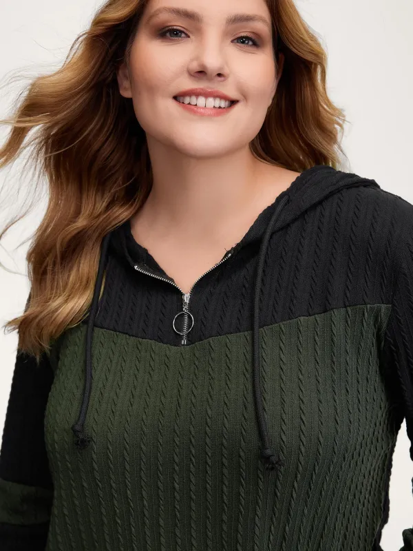 Textured Color Contrast Half-Zipper Hoodie sold by Bloomchic