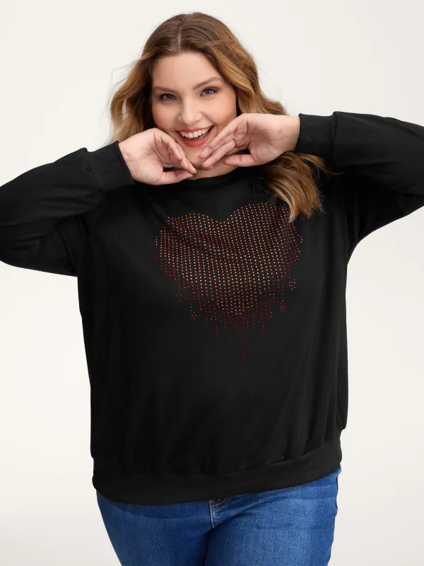 Heart Motif Rhinestones Round Neck Sweatshirt sold by Bloomchic